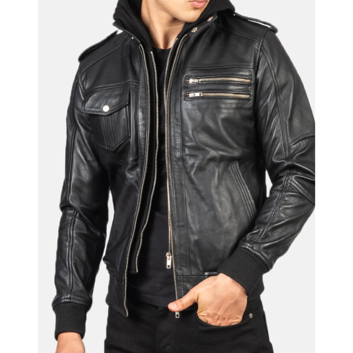 Bravado Black Hooded Leather Bomber Jacket