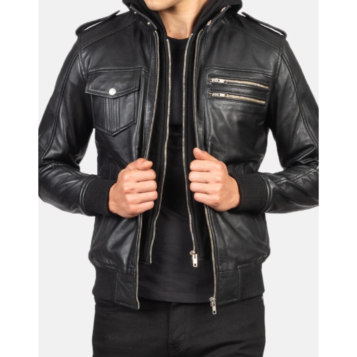 Bravado Black Hooded Leather Bomber Jacket