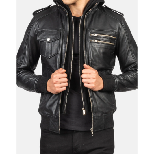 Bravado Black Hooded Leather Bomber Jacket