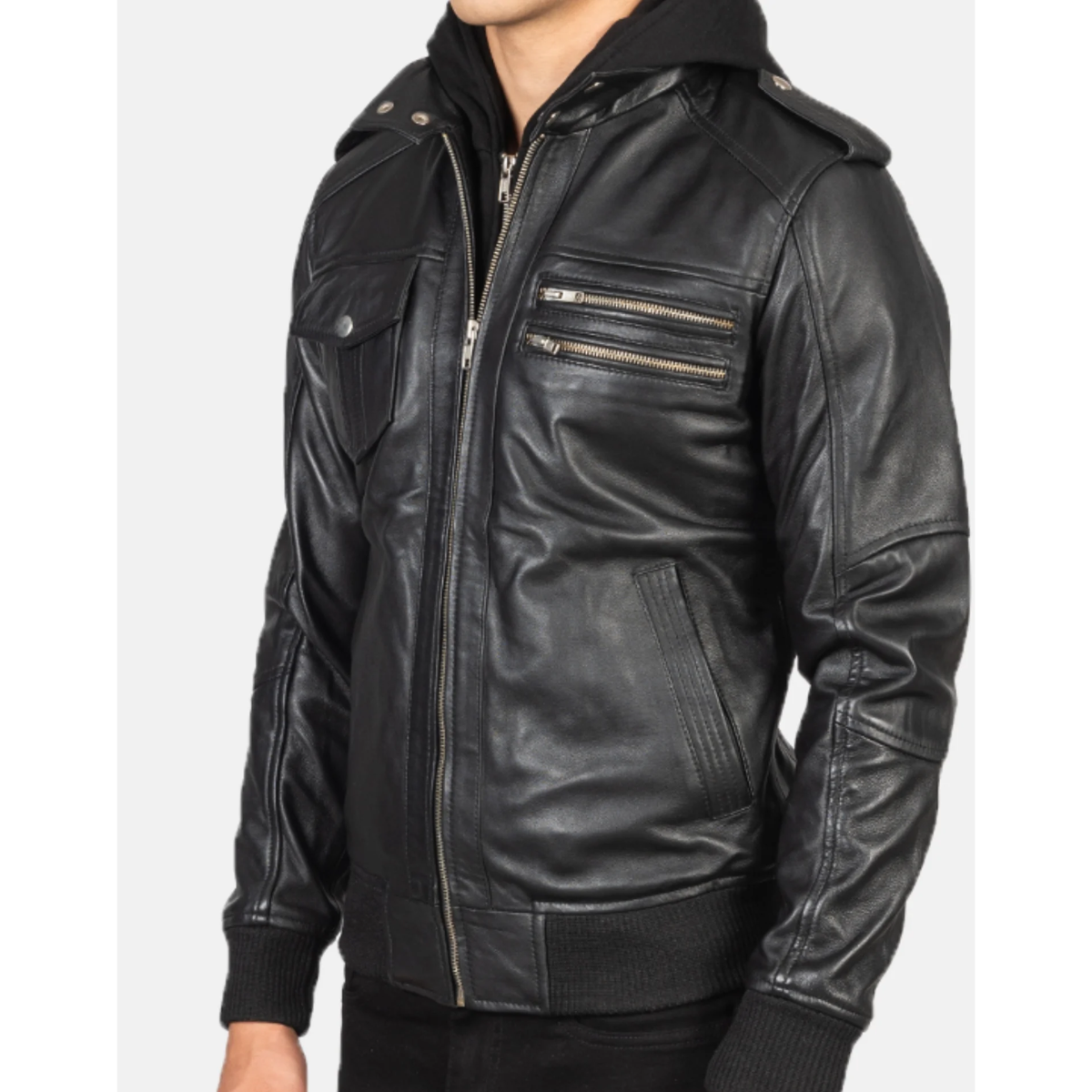 Bravado Black Hooded Leather Bomber Jacket