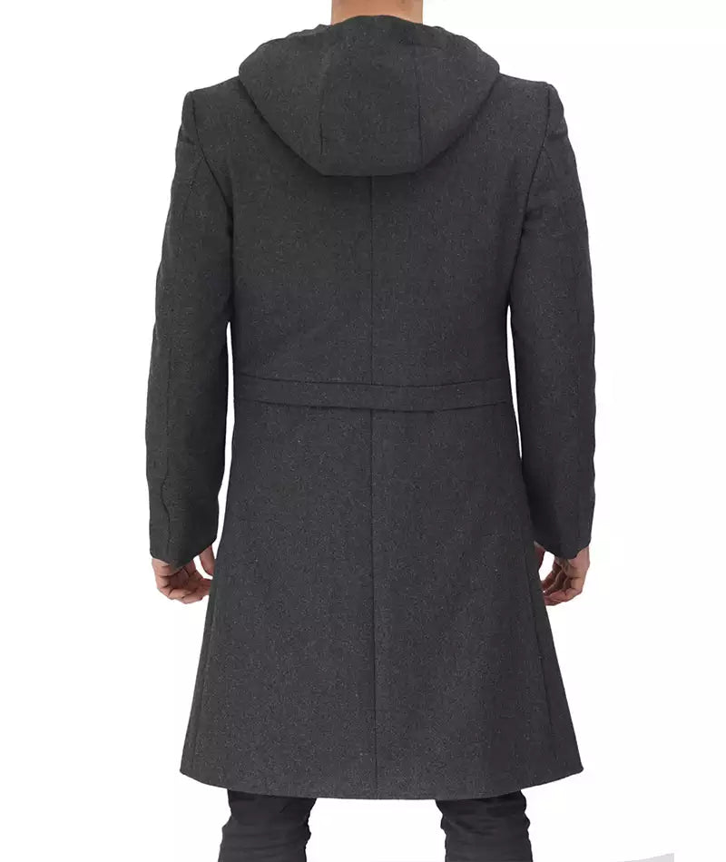 Men's Gray Long Wool Overcoat with Hood