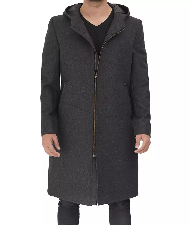 Men's Gray Long Wool Overcoat with Hood