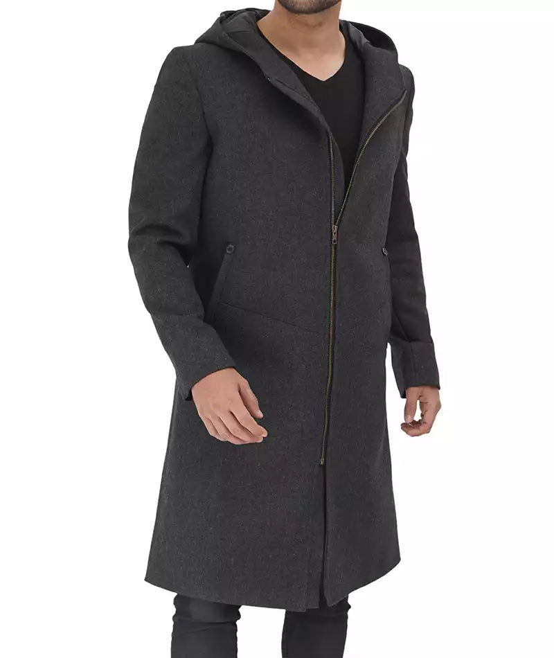 Men's Gray Long Wool Overcoat with Hood