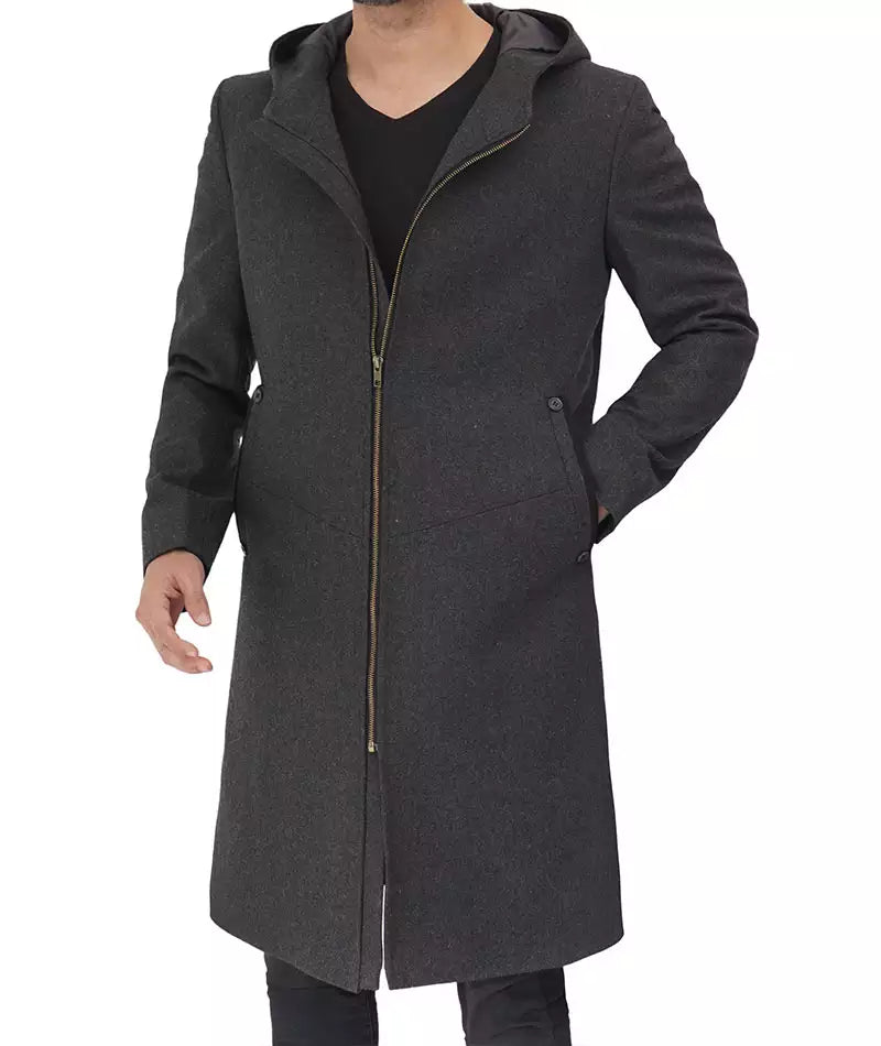 Men's Gray Long Wool Overcoat with Hood