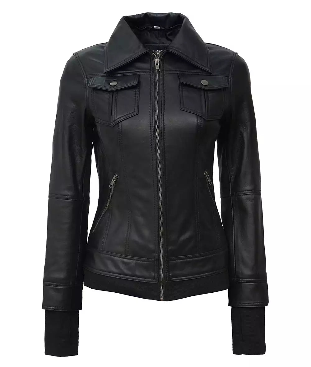 The Céleste: Women's Black Bomber Leather Jacket | Removable Hood