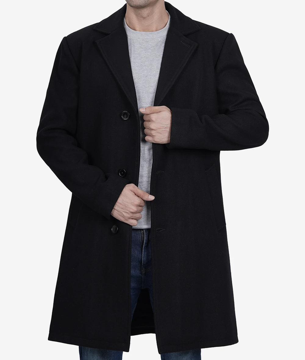 Men's Black Single-Breasted Fit Wool Coat