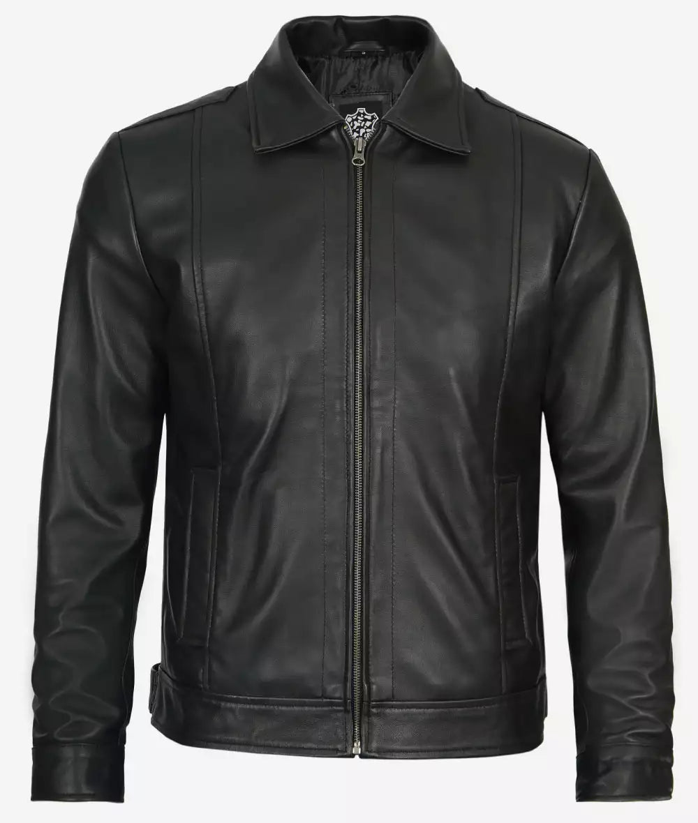 Men's Black Shirt Collar Vintage Leather Jacket