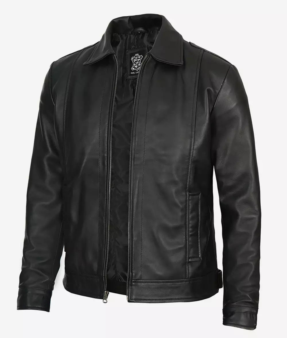 Men's Black Shirt Collar Vintage Leather Jacket