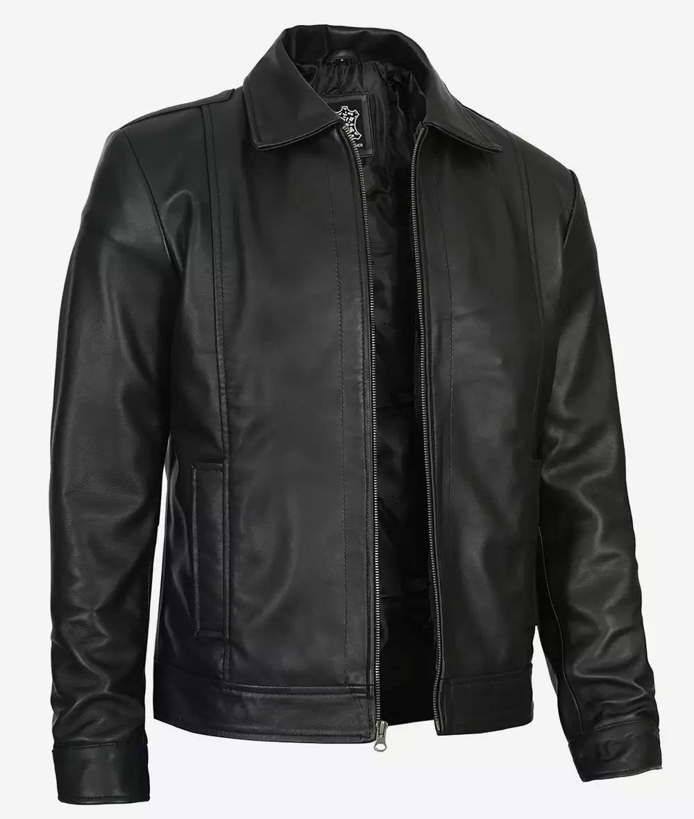 Men's Black Shirt Collar Vintage Leather Jacket