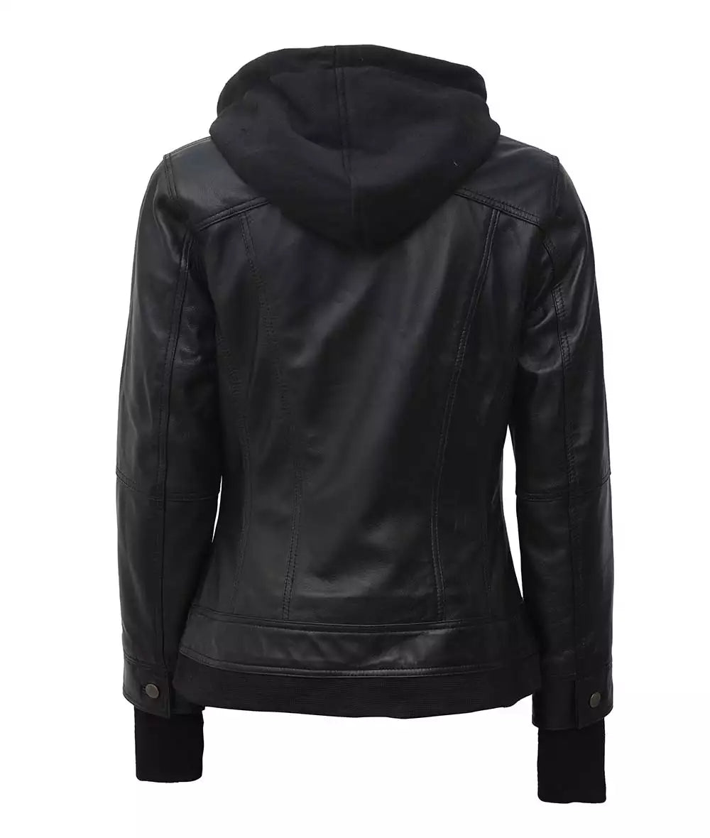 The Céleste: Women's Black Bomber Leather Jacket | Removable Hood