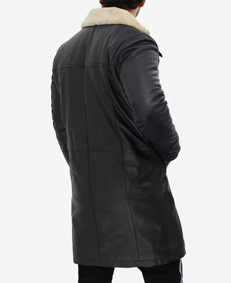 Men's 3/4  Black Length Shearling Leather Coat