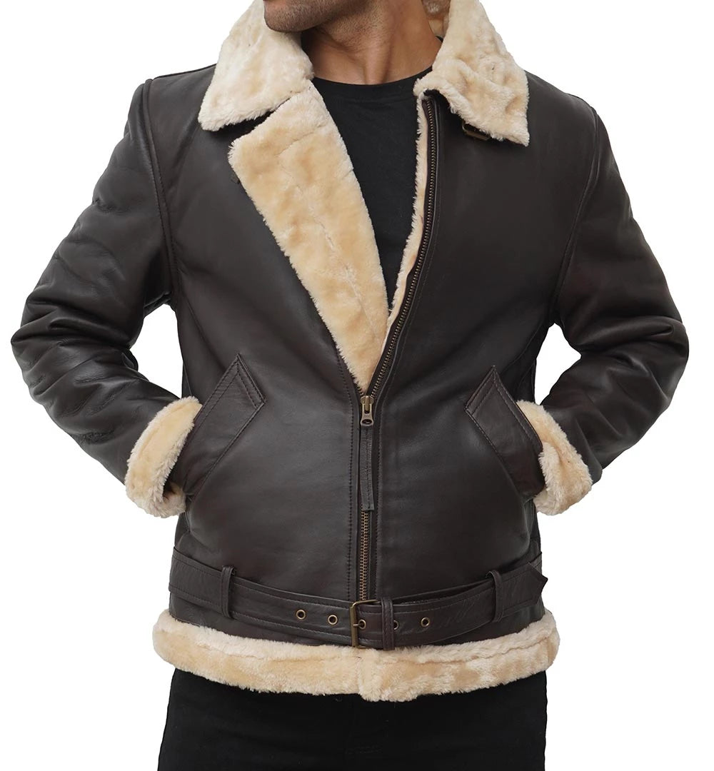 Men's Dark Brown Shearling Bomber Jacket Made of Real Leather