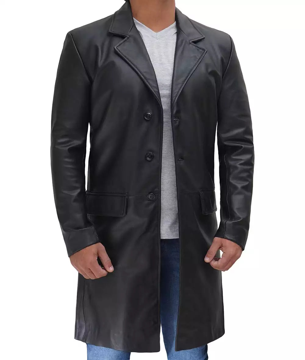 Men's Genuine Cowhide Black Long Leather Coat