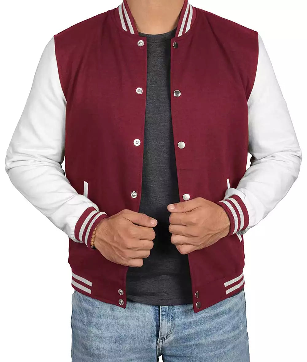 Men's Maroon White-Sleeved Varsity Jacket - Letterman Baseball Style