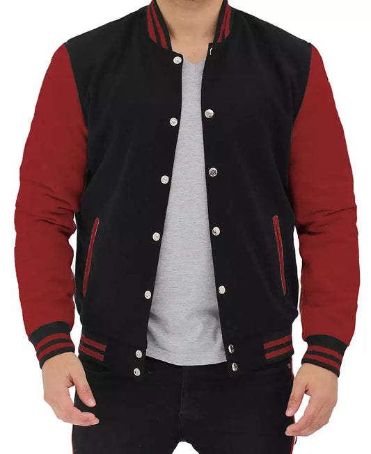 Men's Black and Maroon-Sleeved Varsity Jacket - Letterman Baseball Style