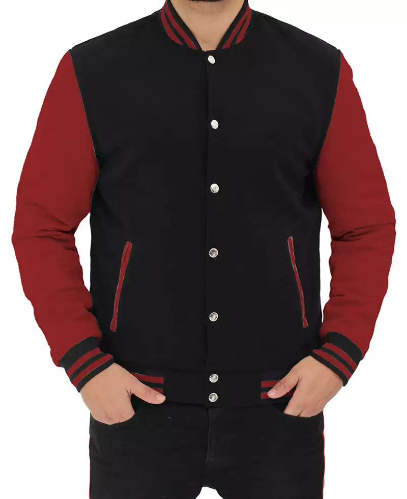 Men's Black and Maroon-Sleeved Varsity Jacket - Letterman Baseball Style