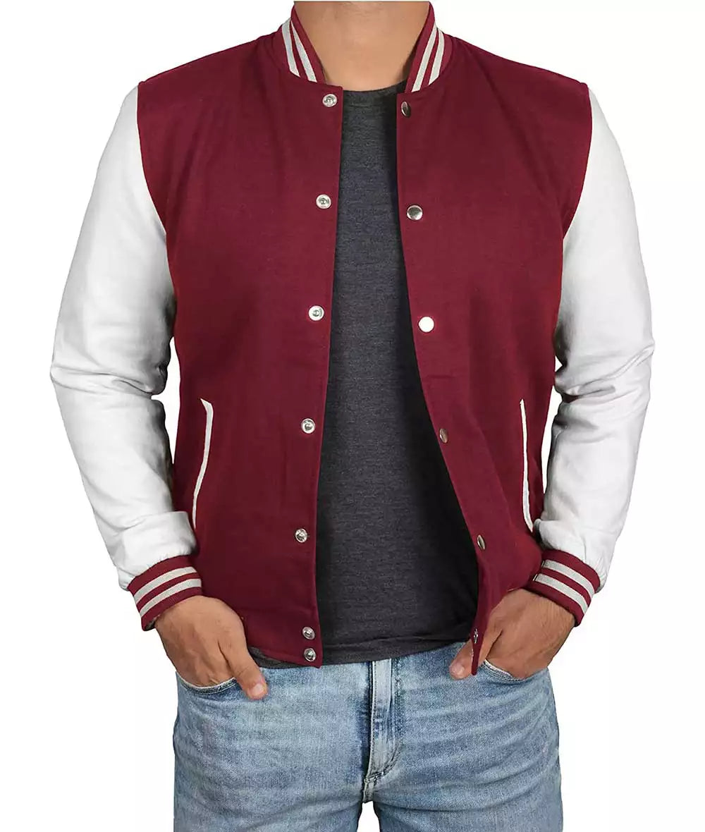 Men's Maroon White-Sleeved Varsity Jacket - Letterman Baseball Style