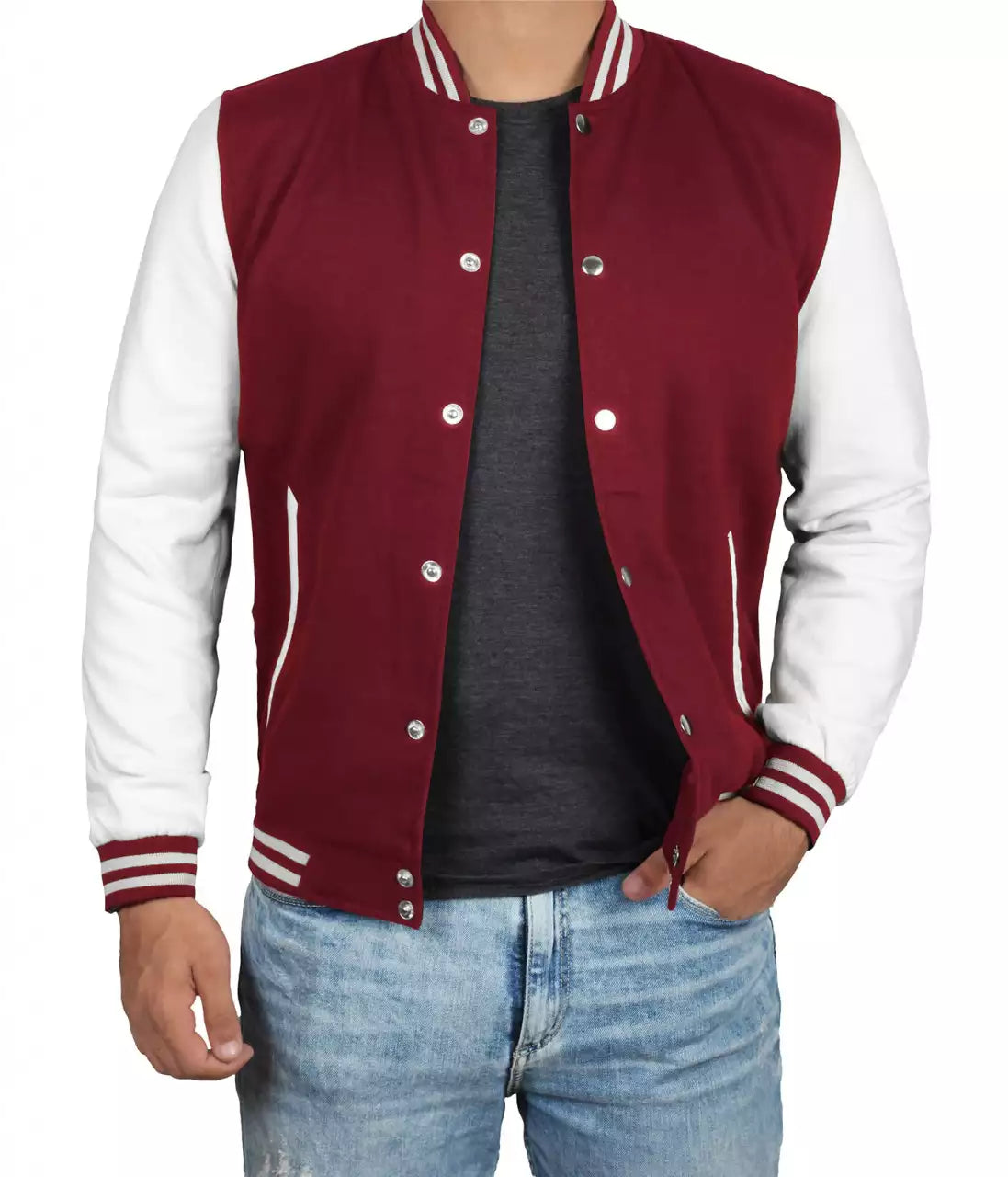 Men's Maroon White-Sleeved Varsity Jacket - Letterman Baseball Style