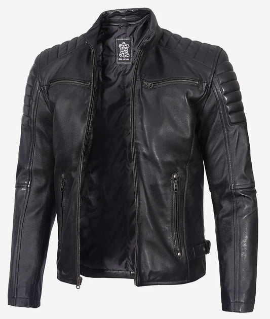 Men's Black Quilted Cafe Racer Leather Jacket