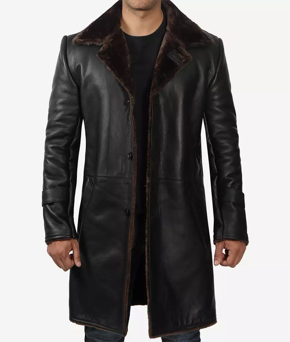 Men's Black Shearling 3/4 Length Winter Leather Coat