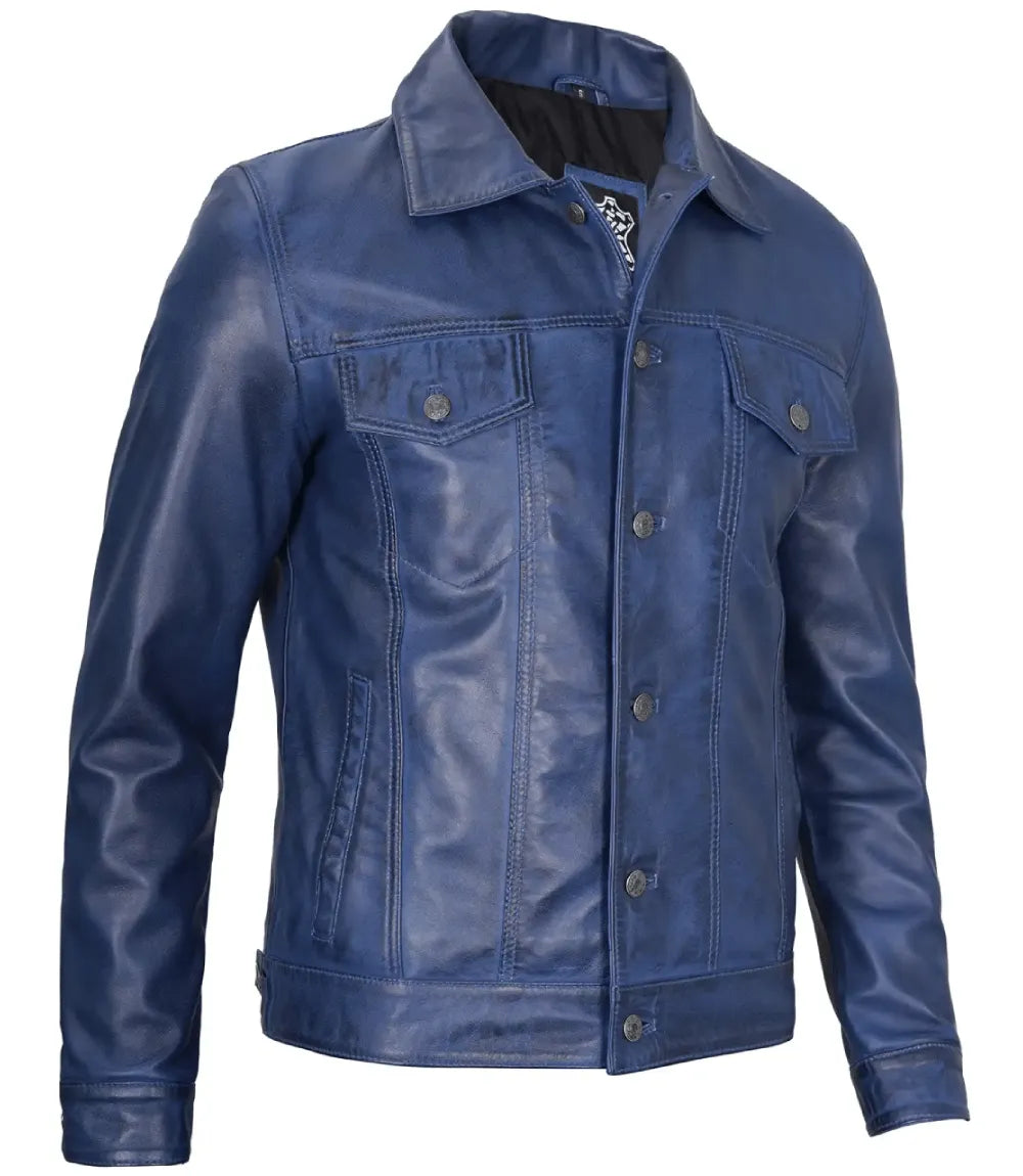 Men's Blue Real Lambskin Leather Trucker Jacket