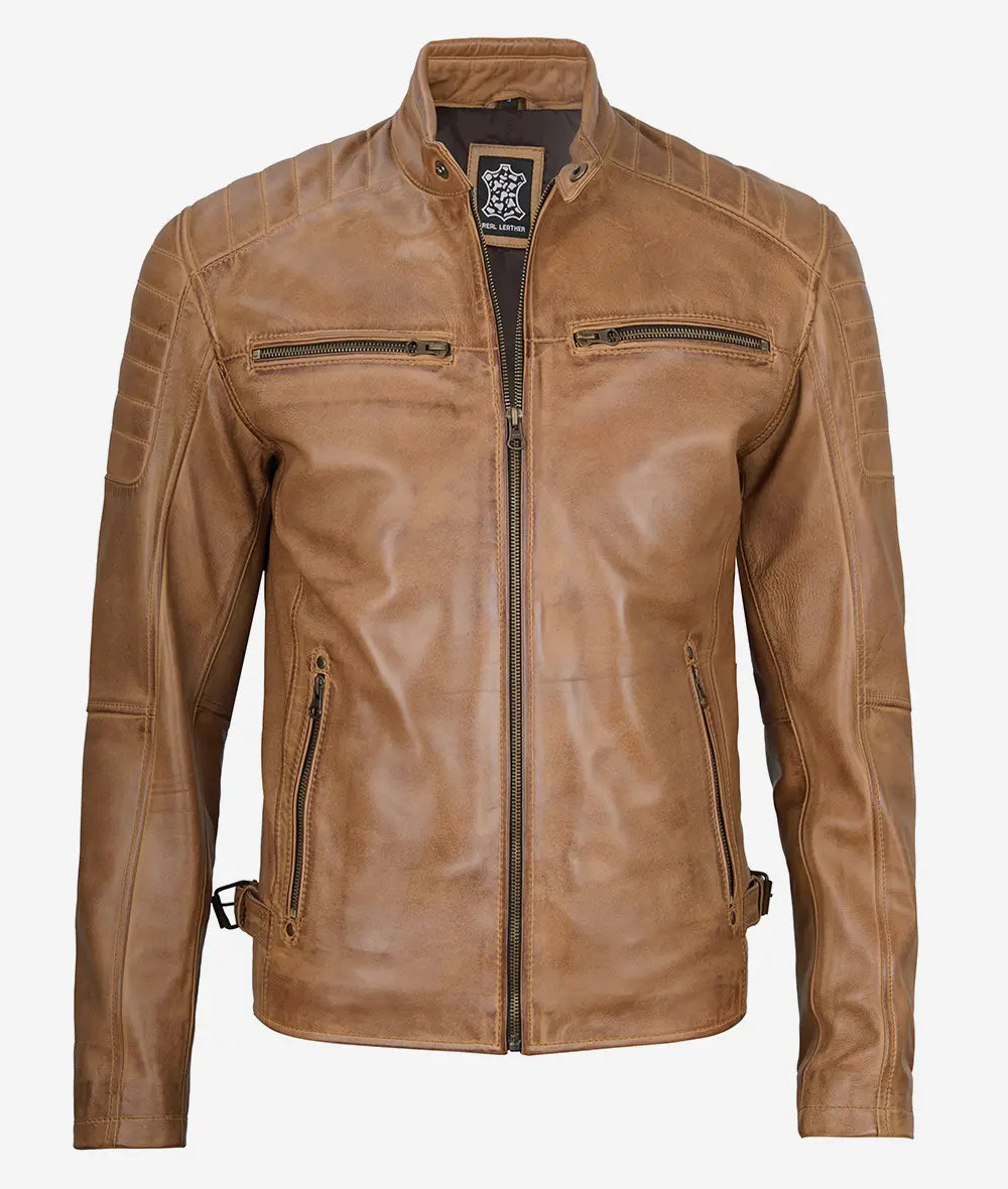 Men's Cafe Racer Camel Brown Leather Jacket