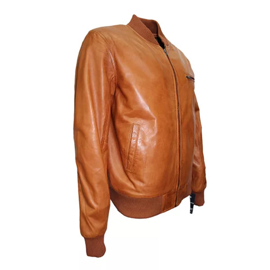 Men Casual Tan Brown Bomber Jacket