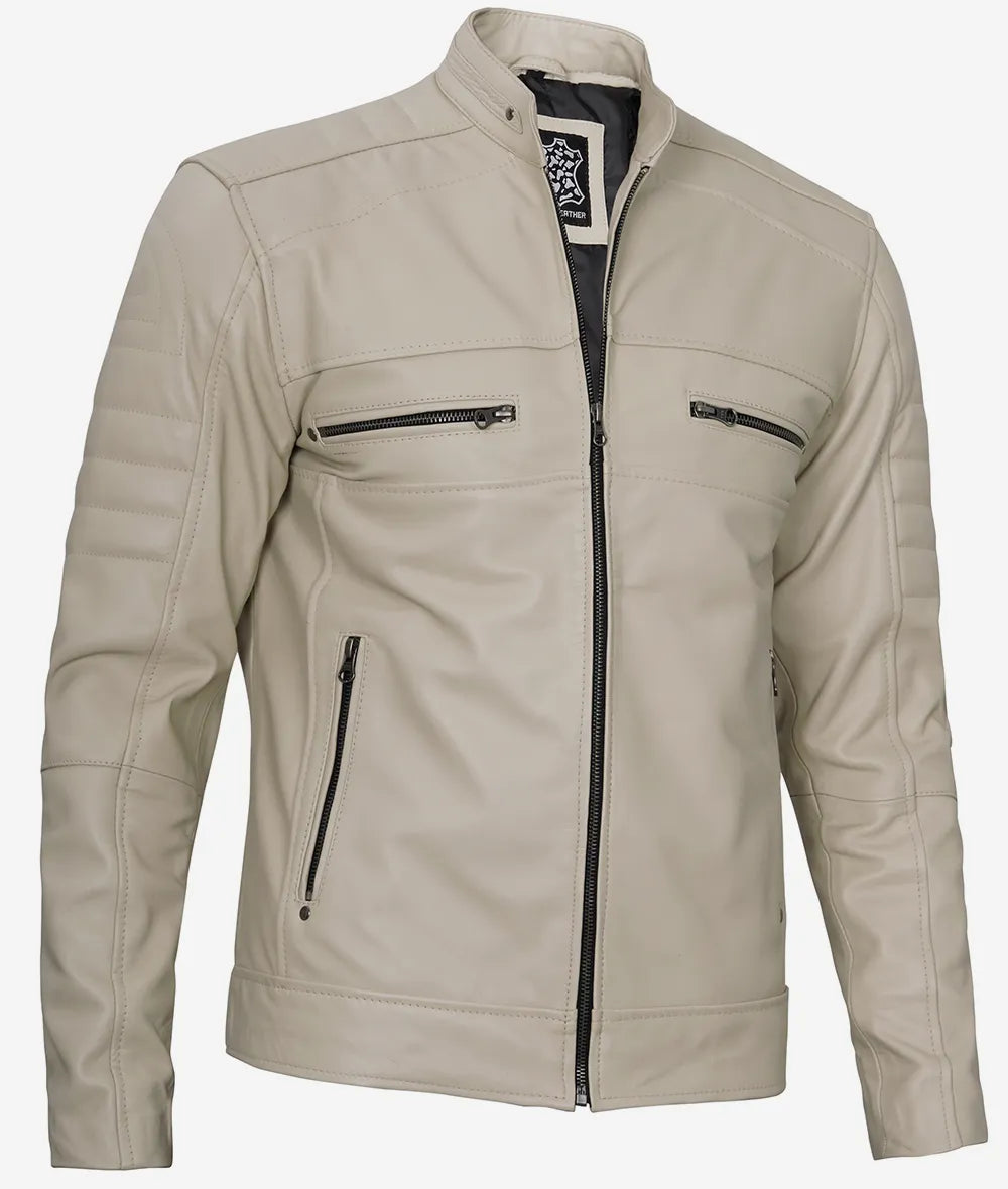 Men's Classic Beige Cafe Racer Leather Jacket