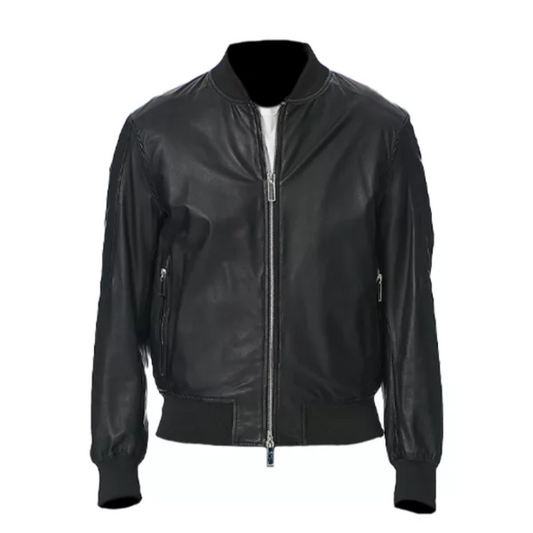 Men’s Black Leather Bomber Jacket