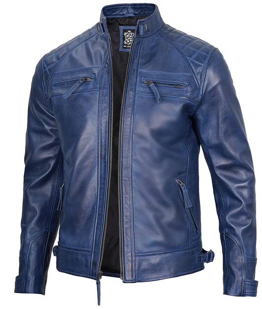 Men's Blue Cafe Racer Leather Jacket - Quilted Shoulder