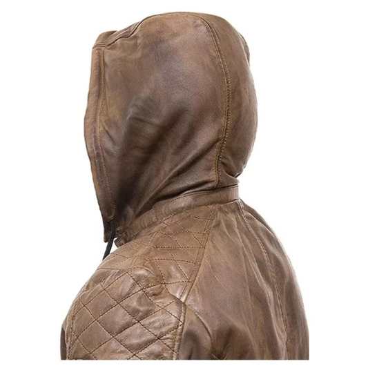 Men’s Brown Leather Hooded Jacket