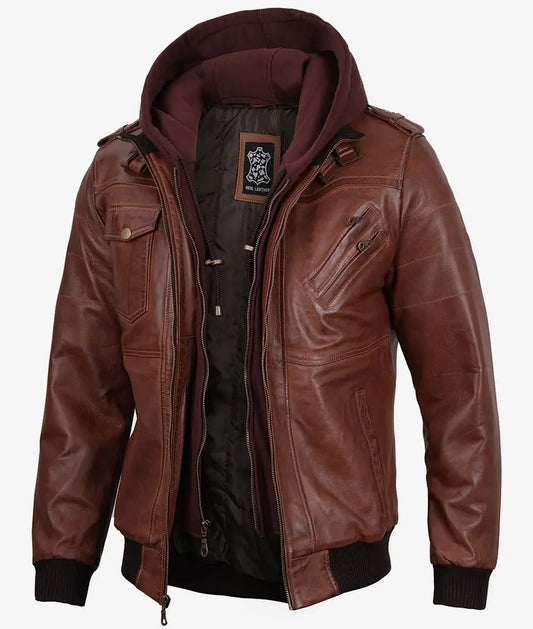 Men's Brown Leather Bomber Jacket With Removable Hood