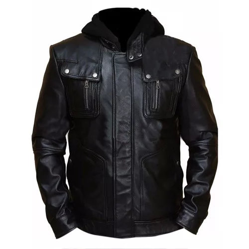 Brando Double Zip Slim Fit Genuine Leather Jacket with Detachable Hood