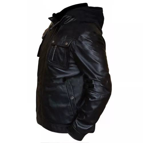 Brando Double Zip Slim Fit Genuine Leather Jacket with Detachable Hood