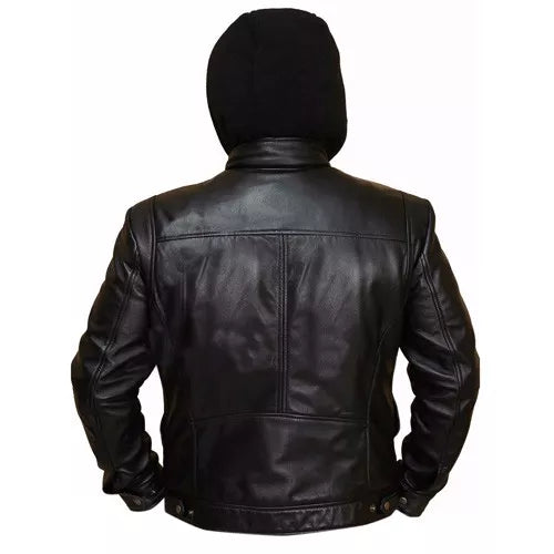 Brando Double Zip Slim Fit Genuine Leather Jacket with Detachable Hood