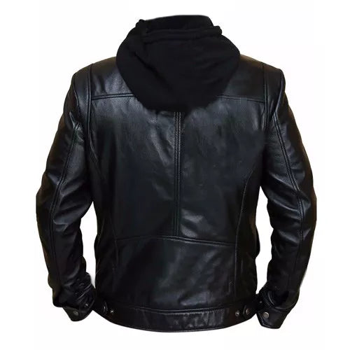 Brando Double Zip Slim Fit Genuine Leather Jacket with Detachable Hood