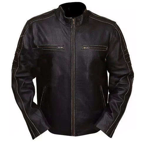 Rivet Leather Faded Seam Genuine Cowhide Distressed Leather Jacket