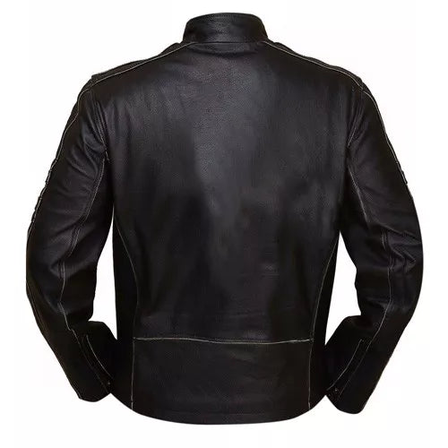 Rivet Leather Faded Seam Genuine Cowhide Distressed Leather Jacket