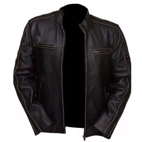 Rivet Leather Faded Seam Genuine Cowhide Distressed Leather Jacket