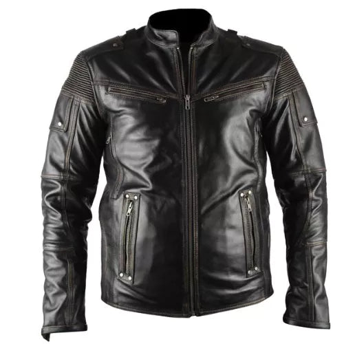 Ultimate Distressed Black Biker Genuine Real Leather Jacket