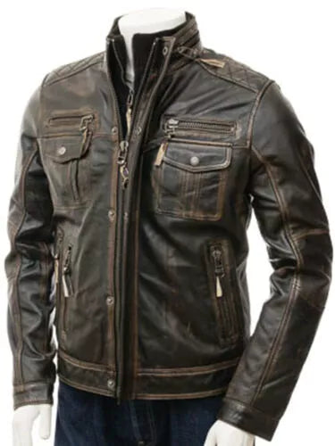 Men's Vintage Distressed Faded Seams Cafe Racer Genuine Leather Jacket