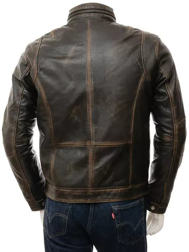 Men's Vintage Distressed Faded Seams Cafe Racer Genuine Leather Jacket