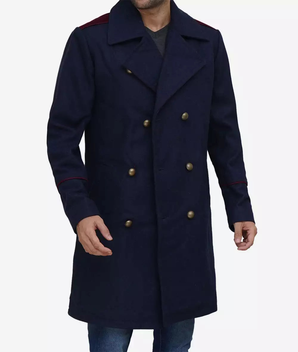 Men's Double-Breasted Navy Blue Long Wool Coat