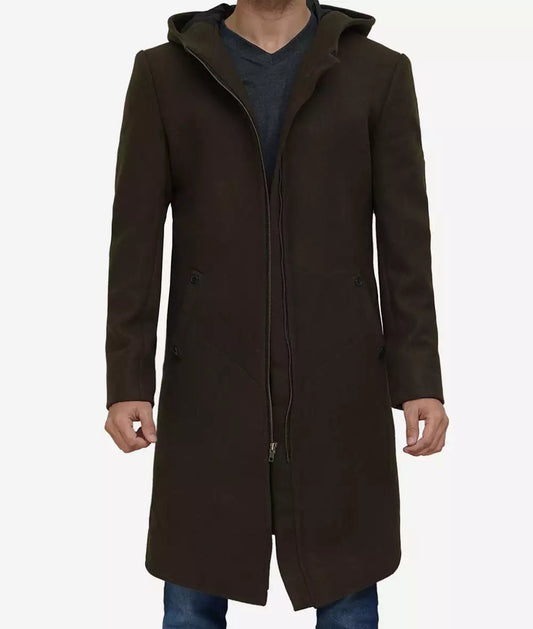 Delbert Men's Olive Green Premium Wool Coat with Hood