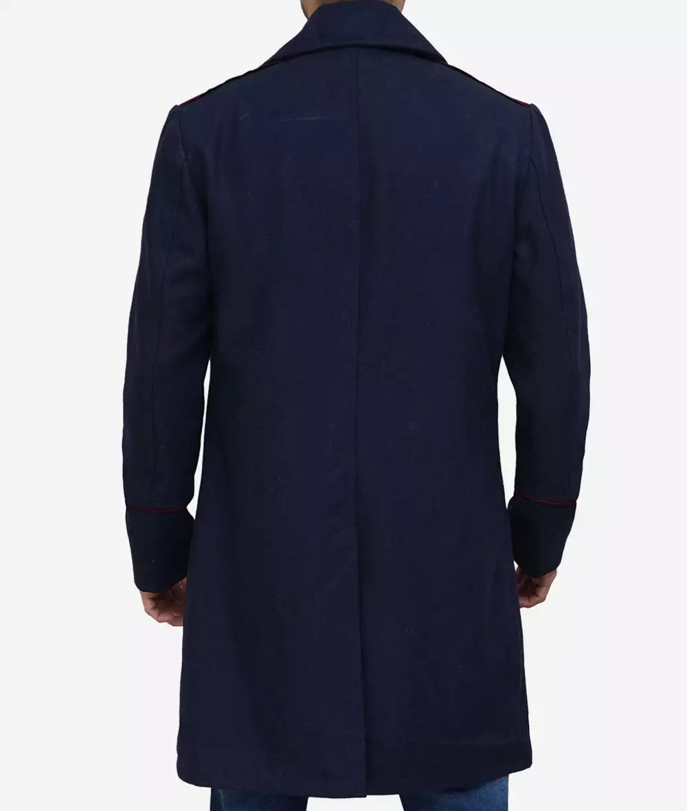 Men's Double-Breasted Navy Blue Long Wool Coat