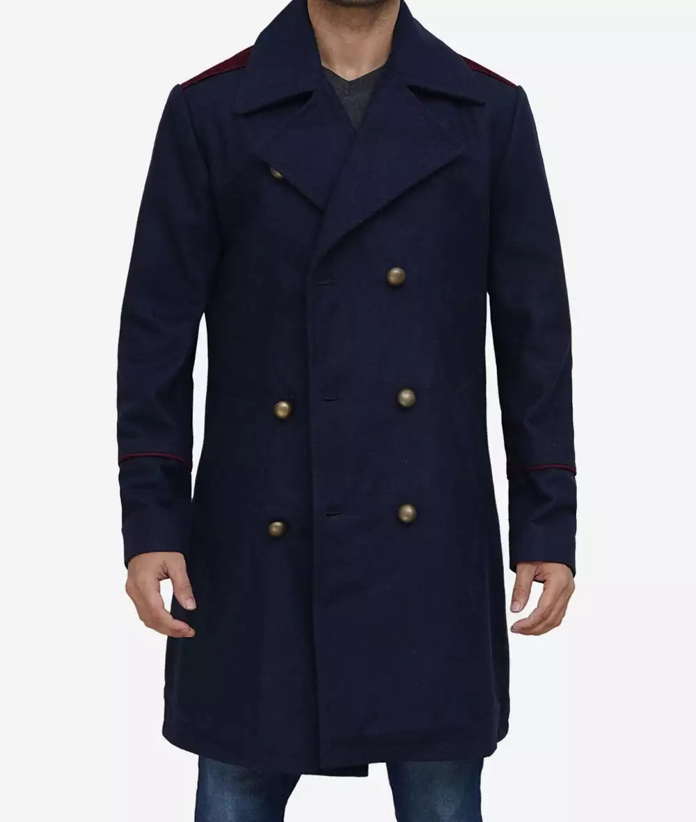 Men's Double-Breasted Navy Blue Long Wool Coat