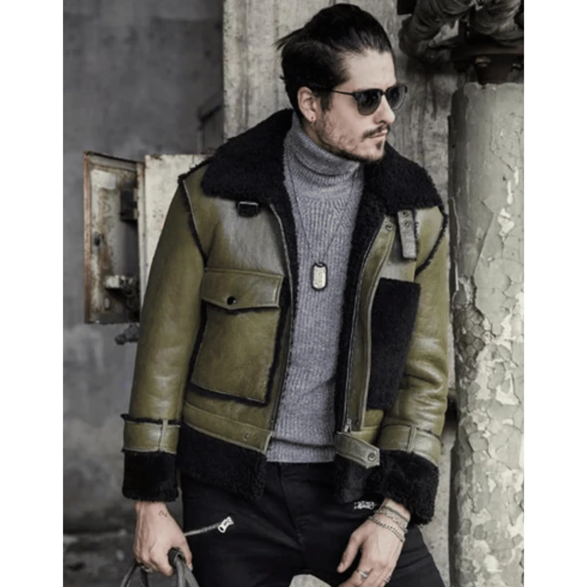 Mens Green RAF Flying Pilot Shearling Leather Jacket