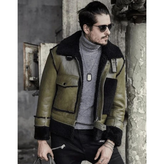 Mens Green RAF Flying Pilot Shearling Leather Jacket