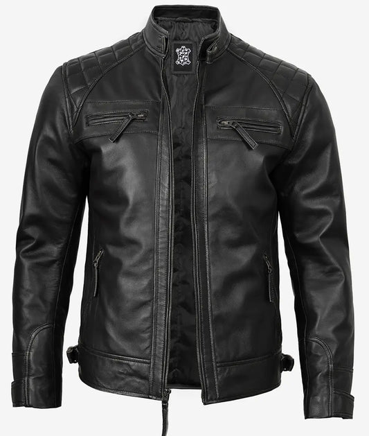 Men's Black Leather Quilted Cafe Racer Jacket