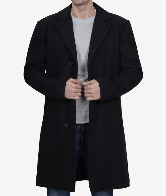 Men's Black Single-Breasted Fit Wool Coat